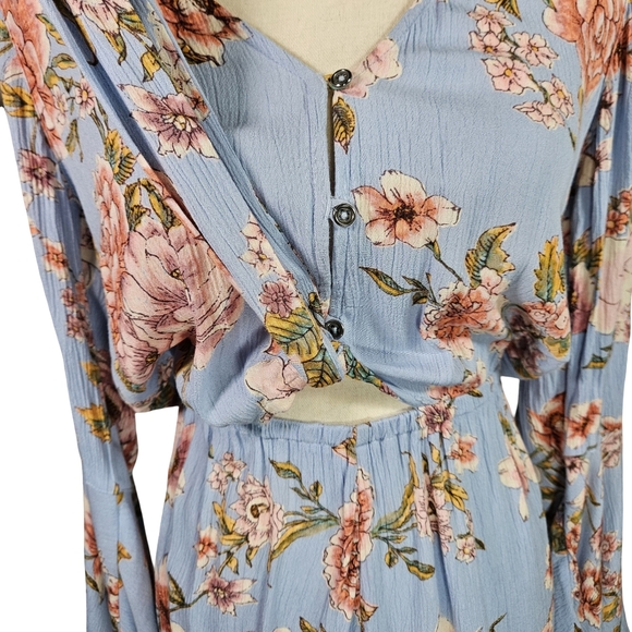 Billabong Floral Bell Sleeve Tie Front Shirts Romper, Blue/Floral, Small - Picture 2 of 15